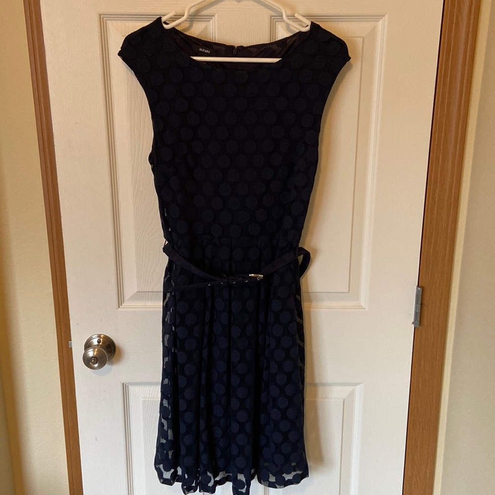 Alfani Navy blue Polka Dot Dress size M belted